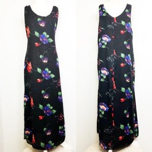 VTG 90s Y2K Floral Black Long Slit Maxi Dress OS L